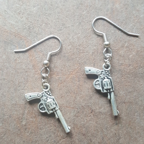 Pistol Revolver Gun Earrings - Picture 4 of 6